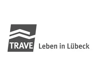 TRAVE logo: dark tilted square with two white chevrons and the word 'TRAVE' next to 'Leben in Lübeck'.